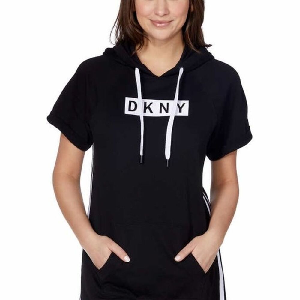 DKNY Sport Hoodie Dress Black Logo Short Sleeve Knit Athleisure Size Small NWT - Picture 4 of 10